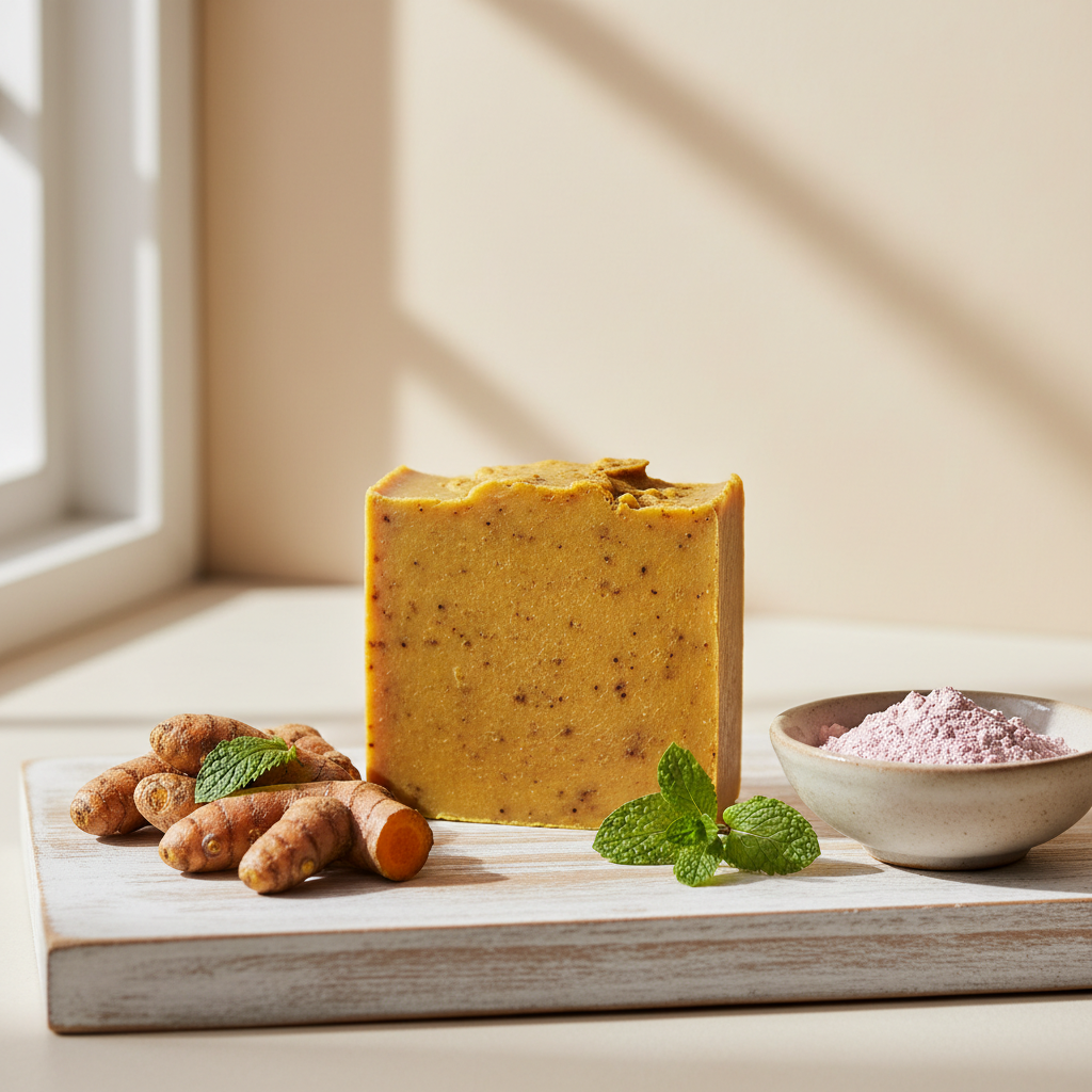 Handcrafted turmeric soap bar with turmeric root, pink clay and spearmint leaves on a wooden surface