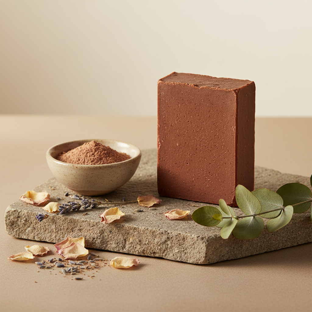 Handcrafted earthy terracotta rhassoul clay soap bar on stone surface with clay powder and dried botanicals