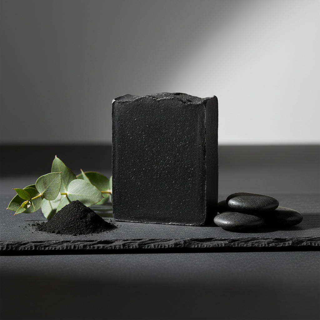 Handcrafted matte black activated charcoal soap bar on slate surface with eucalyptus sprig and charcoal powder